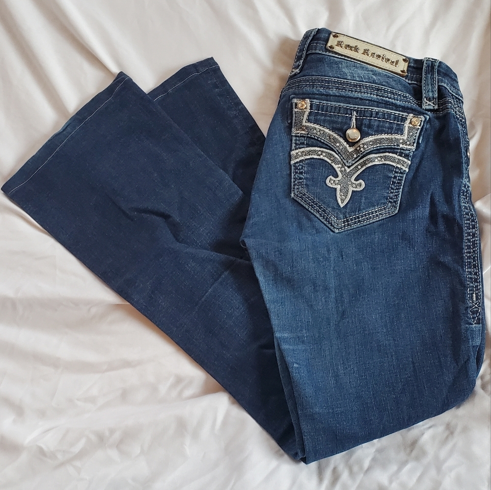Rock Revival Iselin Women's Distressed Easy Boot Cut Jeans, Size 29 Rhinestones